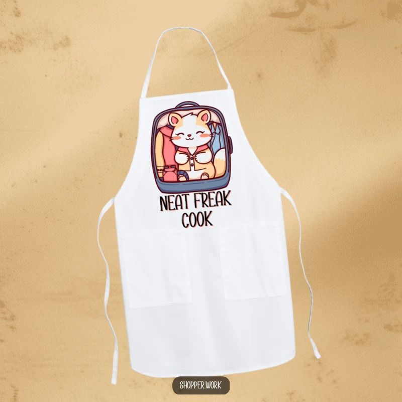 Funny apron depicting a focused animal carefully packing a garment bag with perfect organization, ideal for an orderly cook.