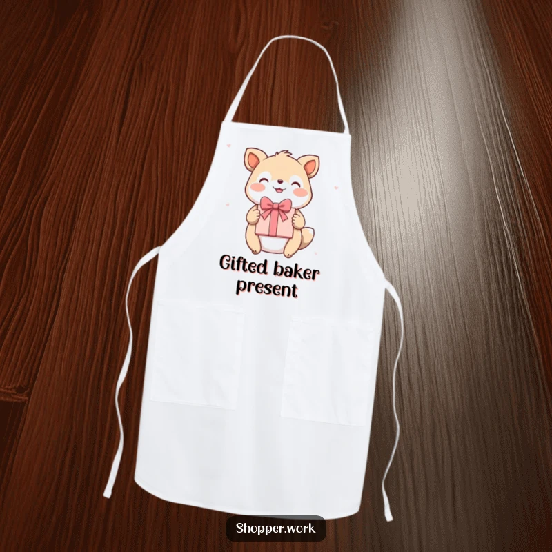 Funny apron depicting a happy animal presenting a beautifully wrapped gift with a flourish, ideal for a festive cook.