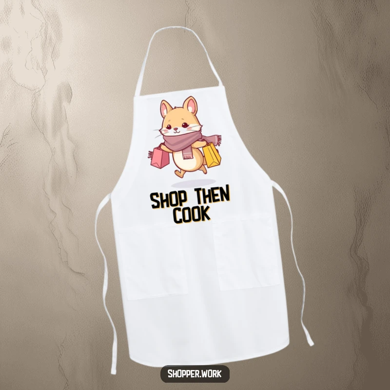 Funny apron featuring a whiskered animal in a stylish scarf, dashing with shopping bags, ideal for a fashionable cook.