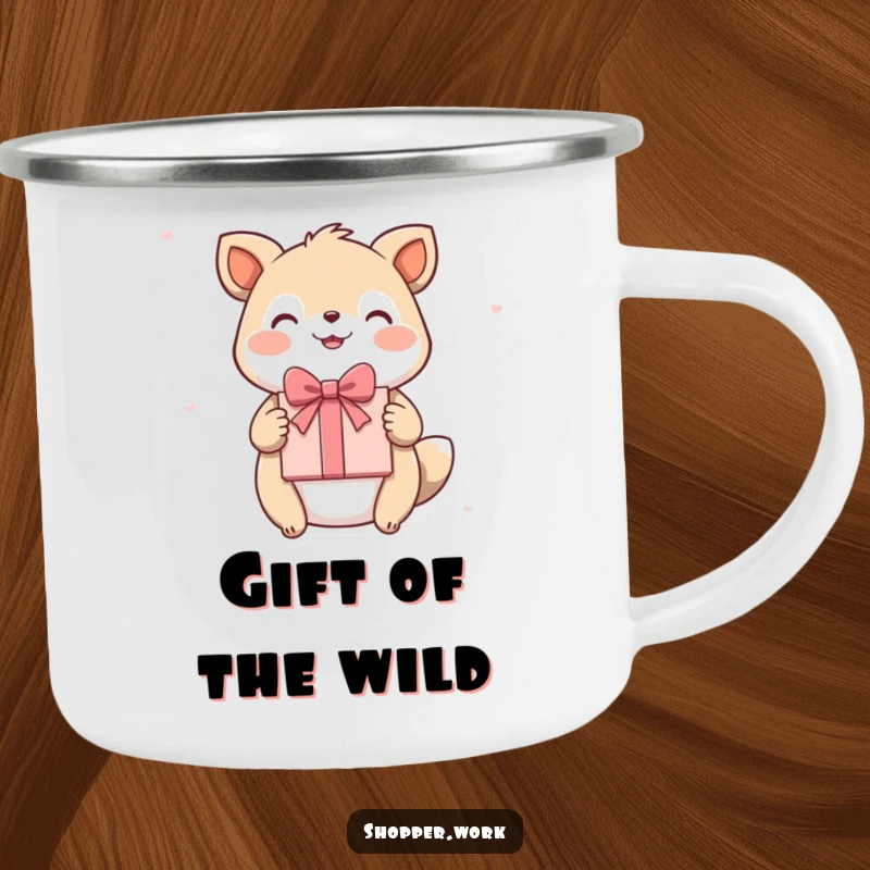 Funny camping mug featuring a happy animal presenting a beautifully wrapped gift with a flourish, perfect for outdoor celebrations.