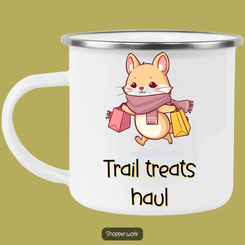 Funny Fashionista Mouse Camping Mug: Chic Animal Dashing with Bags