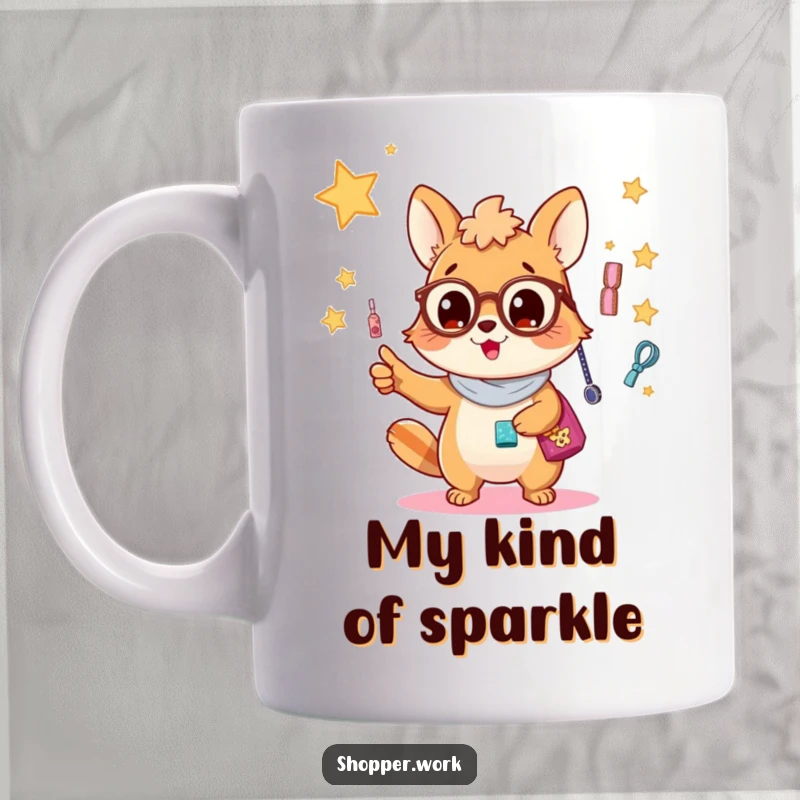 Funny mug showing a busy animal with wide eyes, excitedly pointing at a dazzling, sparkling display of glamorous accessories.