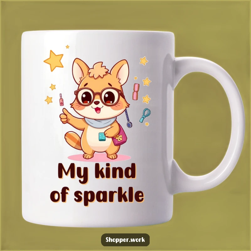 Funny Accessory Enthusiast Mug: Busy Animal Pointing at Sparkly Display, Funny Gift