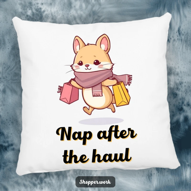 Funny pillow featuring a small, whiskered animal in a stylish scarf, dashing with shopping bags, adding a chic touch.