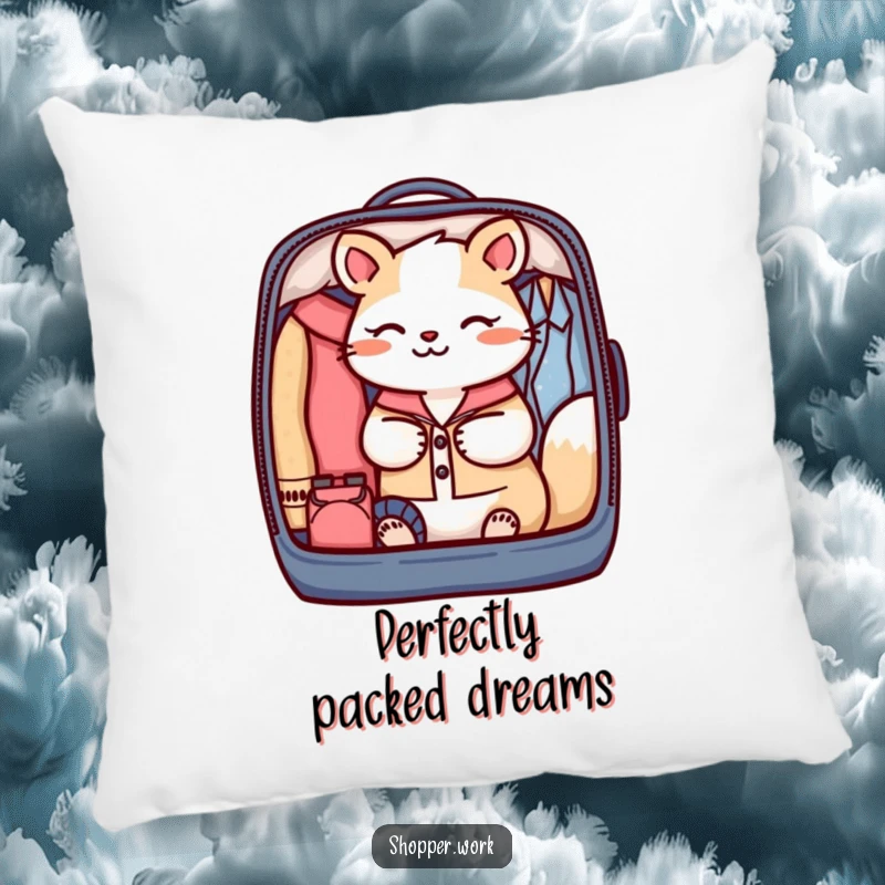 Funny pillow featuring a focused animal meticulously packing a garment bag with perfect organization, adding a touch of neatness.