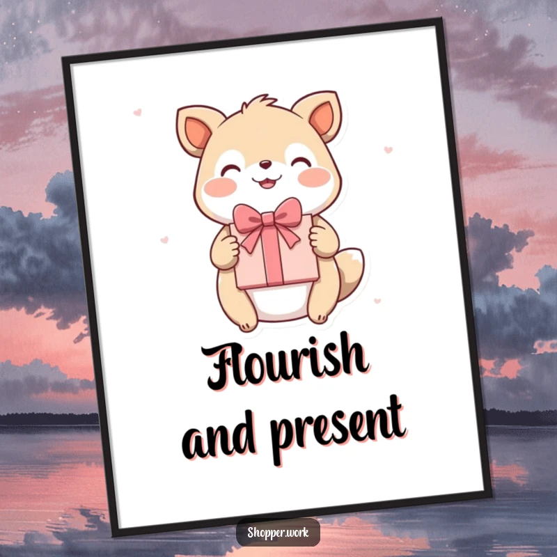 Funny digital art print of a happy animal joyfully presenting a beautifully wrapped gift with a flourish, ready for download.