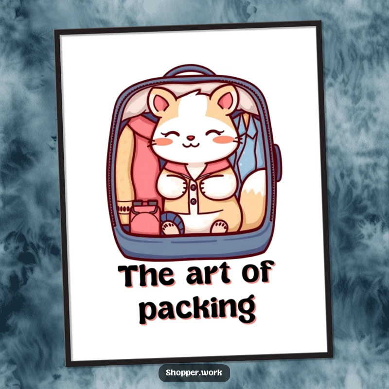 Funny digital art print of a focused animal carefully packing a garment bag with perfect organization, ready for instant download.