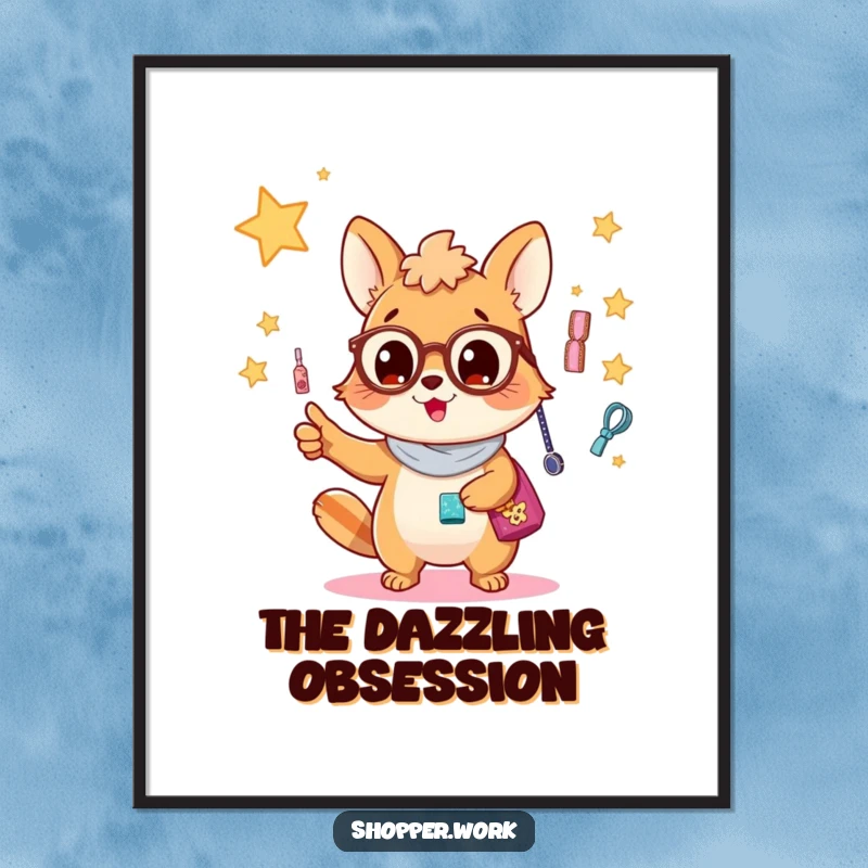 Funny digital art print of a busy animal excitedly pointing at a dazzling display of accessories, ready for instant download.