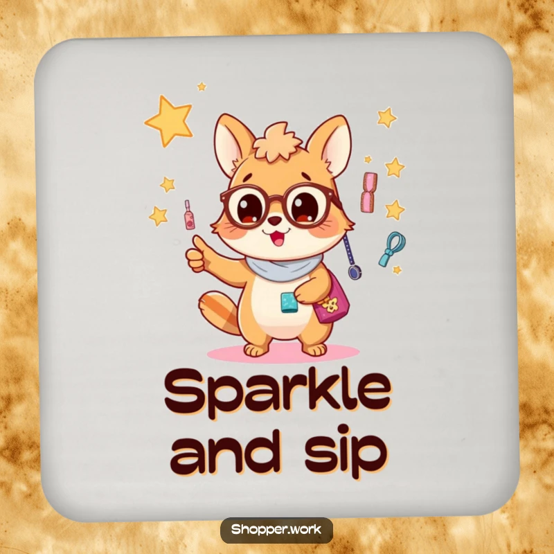 Funny drink coaster with a busy animal excitedly pointing at a dazzling display of accessories, adding stylish humor.