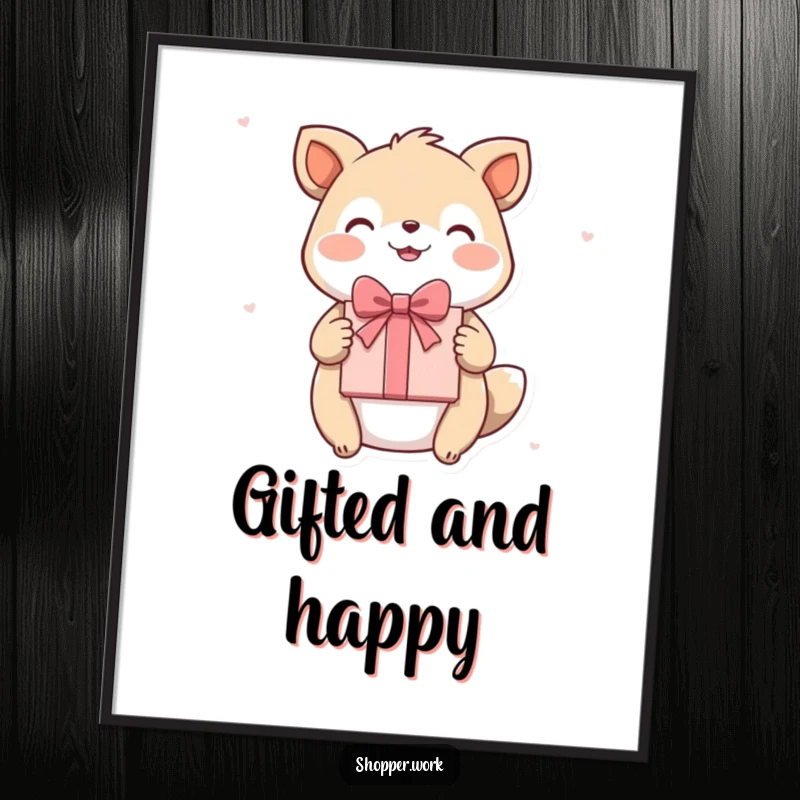 Funny poster art of a happy animal joyfully presenting a beautifully wrapped gift with a grand flourish, evoking celebration.