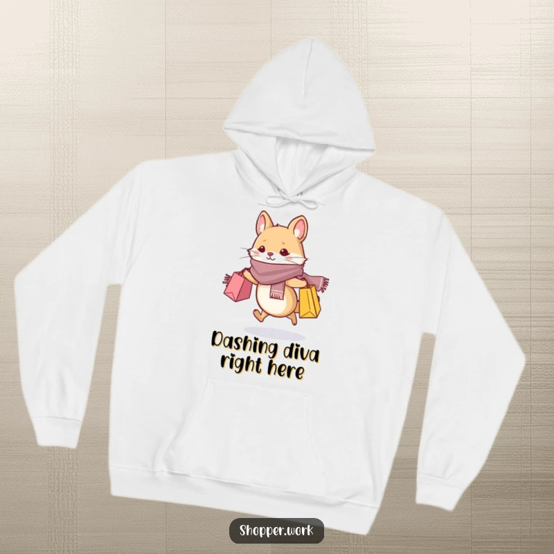 Funny hoodie featuring a stylishly dressed whiskered animal in a scarf, dashing with shopping bags, embodying a chic shopper.
