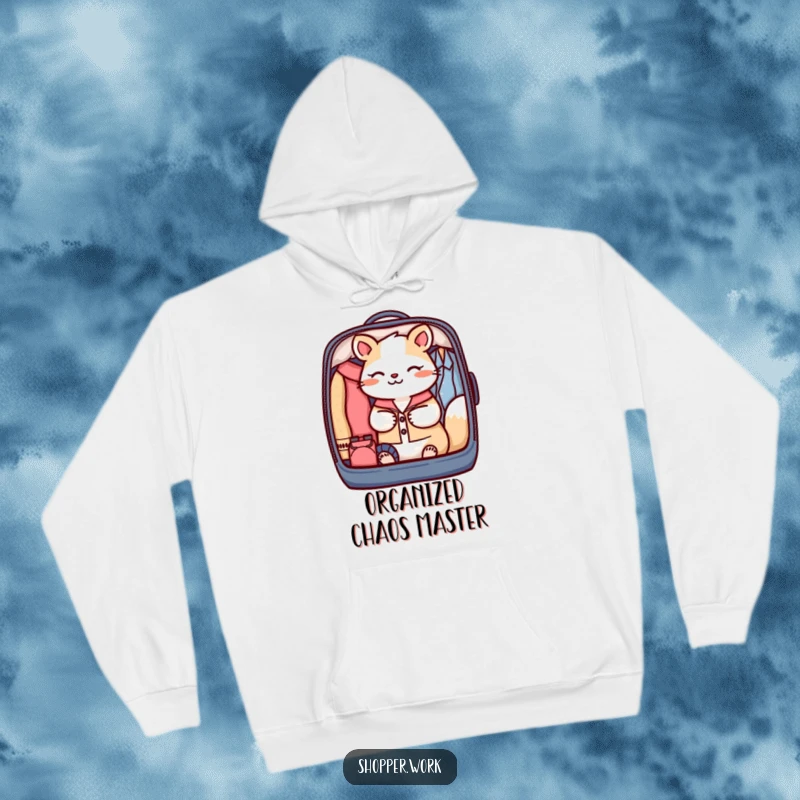 Funny hoodie featuring a focused animal with great care packing a perfectly organized garment bag, embodying meticulousness.