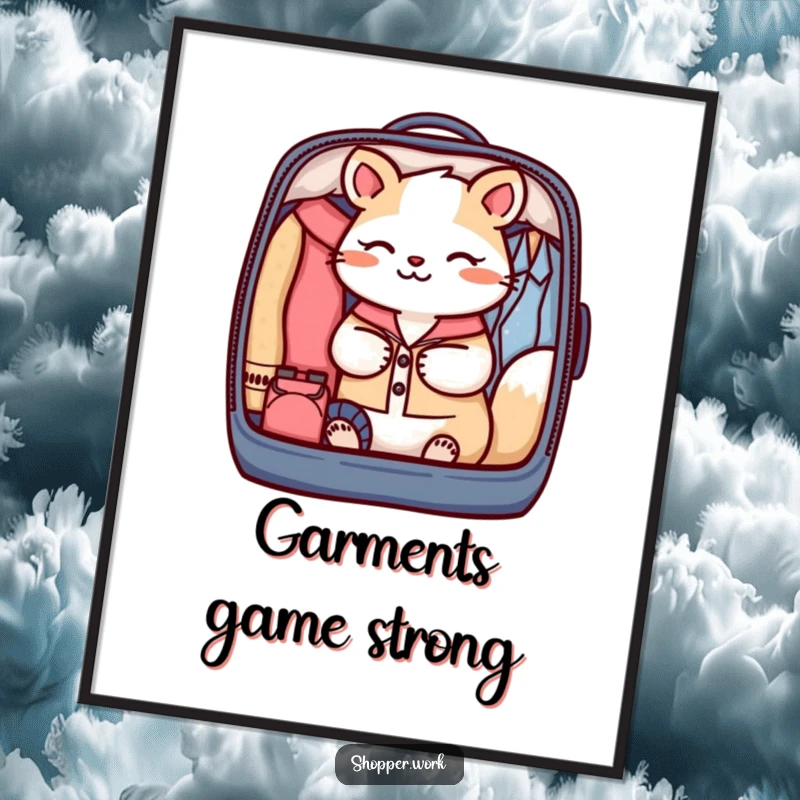 Funny Free Printable Wall Art depicting a focused animal carefully and precisely packing items into a garment bag.