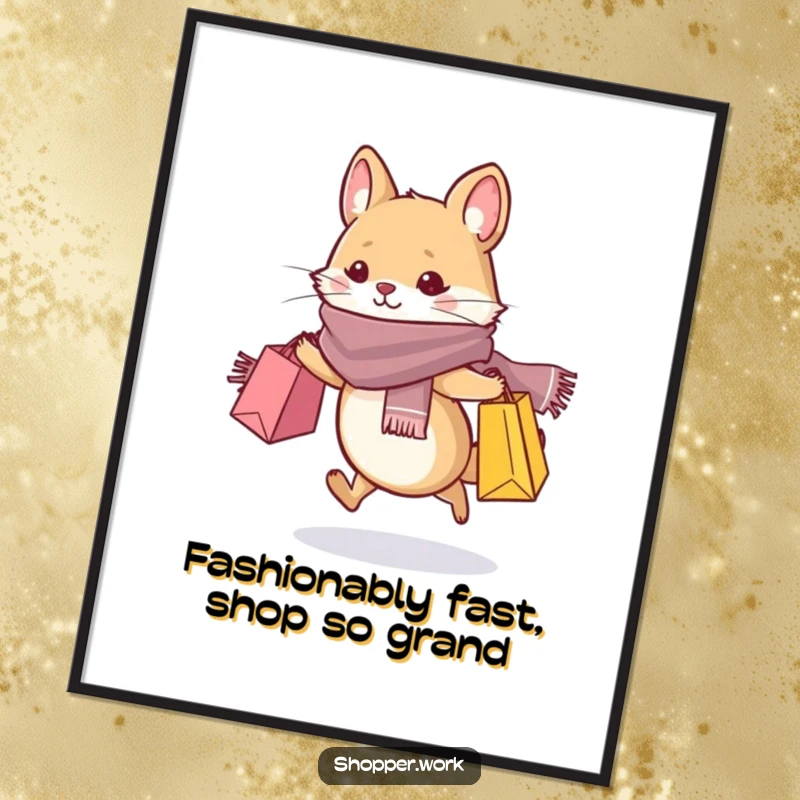 Funny Free Printable Wall Art depicting a small, whiskered animal in a chic scarf, dashing with multiple shopping bags.