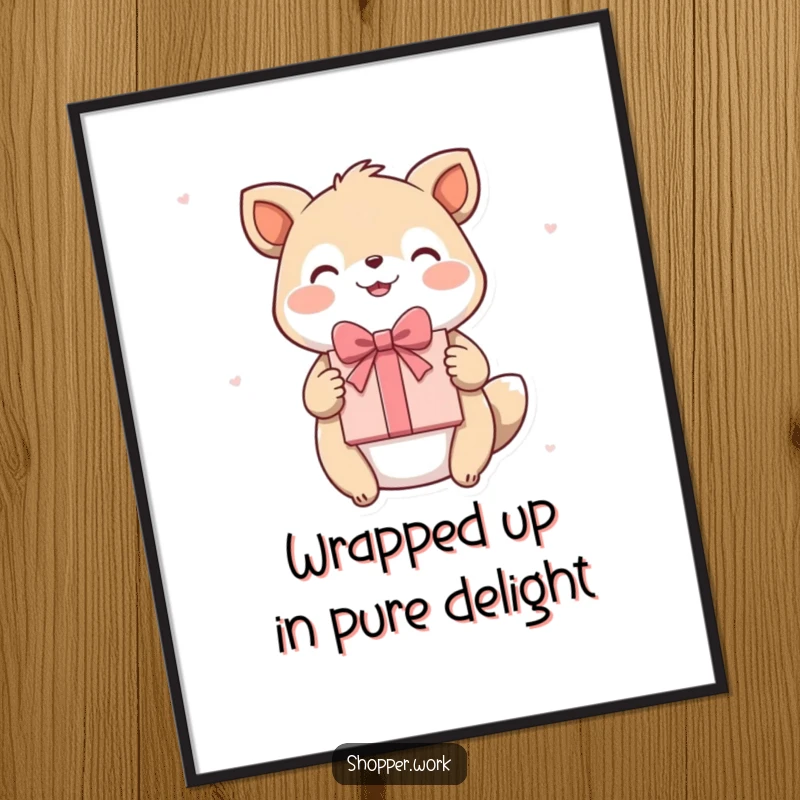 Funny Free Printable Wall Art of a happy animal presenting a beautifully wrapped gift with an exaggerated, joyful flourish.
