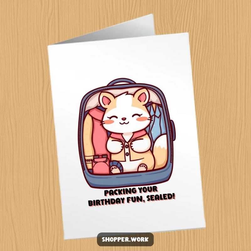Funny Free Printable Birthday Card showing a focused animal carefully packing a perfectly organized garment bag.