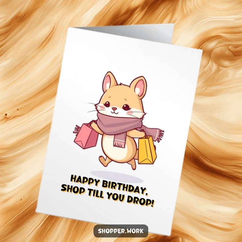 Funny Free Printable Birthday Card showing a whiskered animal in a stylish scarf dashing with shopping bags.