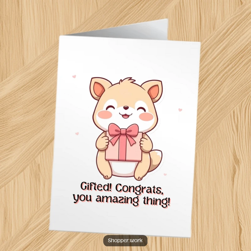 Funny Free Printable Congratulations Card featuring a happy animal proudly presenting a beautifully wrapped gift with a grand flourish.