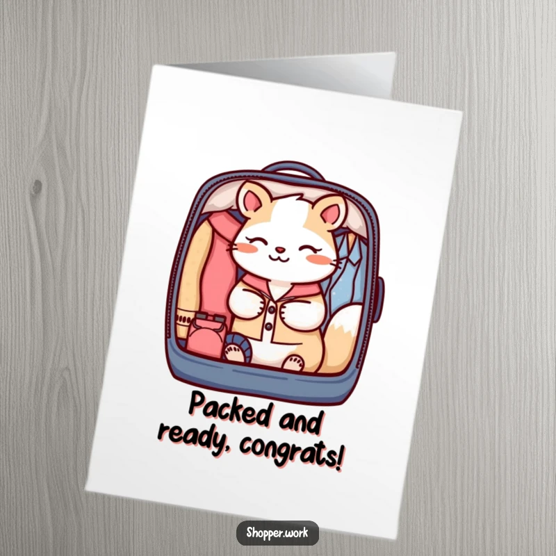Funny Free Printable Congratulations Card featuring a focused animal meticulously packing a garment bag with neat precision.