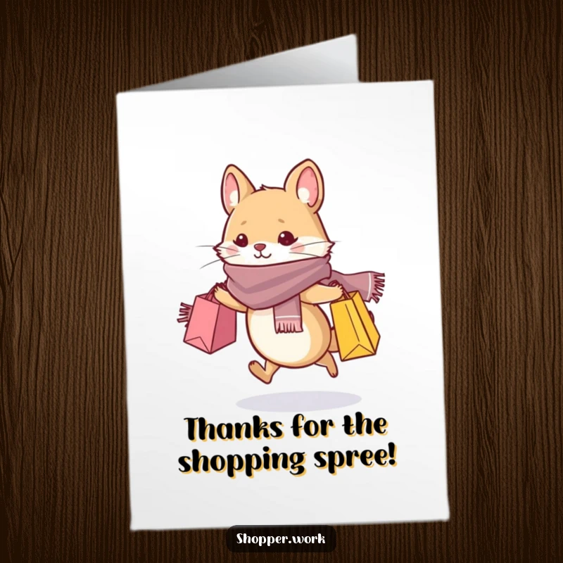 Funny Free Printable Thank You Card of a whiskered animal in a mod scarf, running with shopping bags.