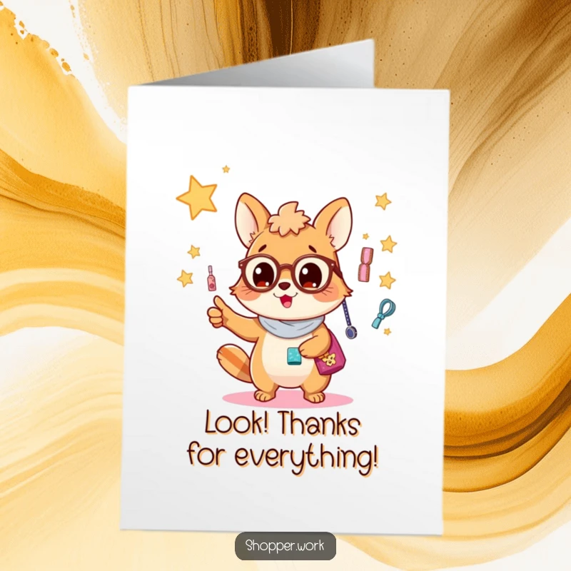 Funny Free Printable Thank You Card of a busy animal pointing enthusiastically at a dazzling array of shiny accessories.