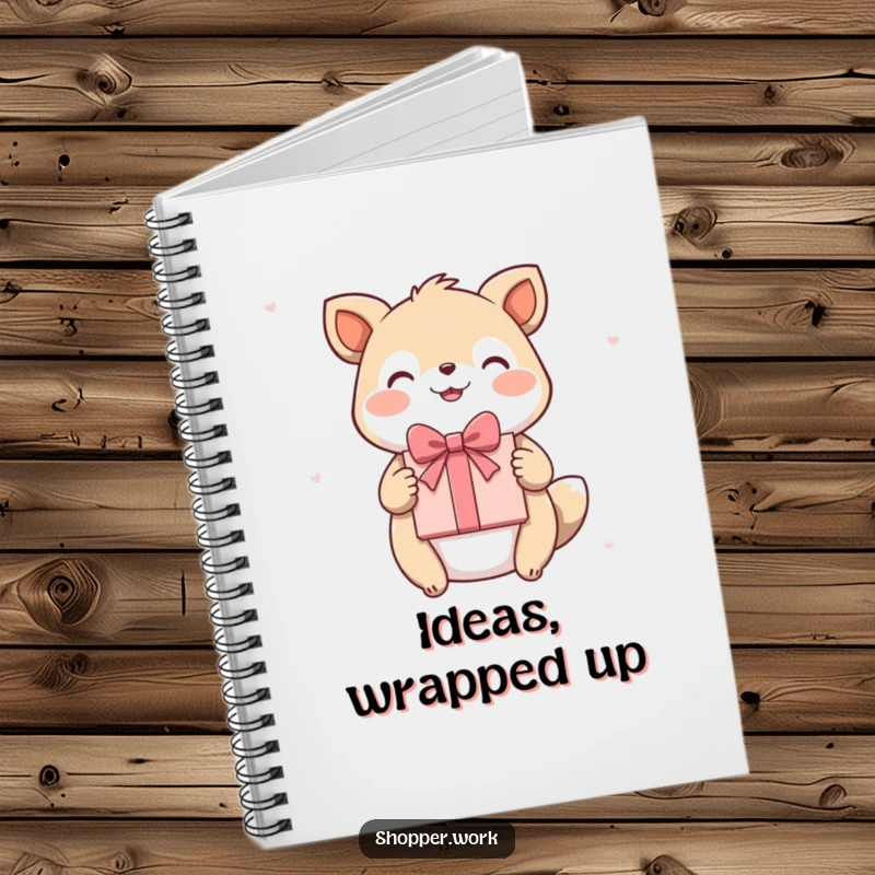 Funny notebook with a happy animal presenting a beautifully wrapped gift with a flourish, perfect for notes and planning.