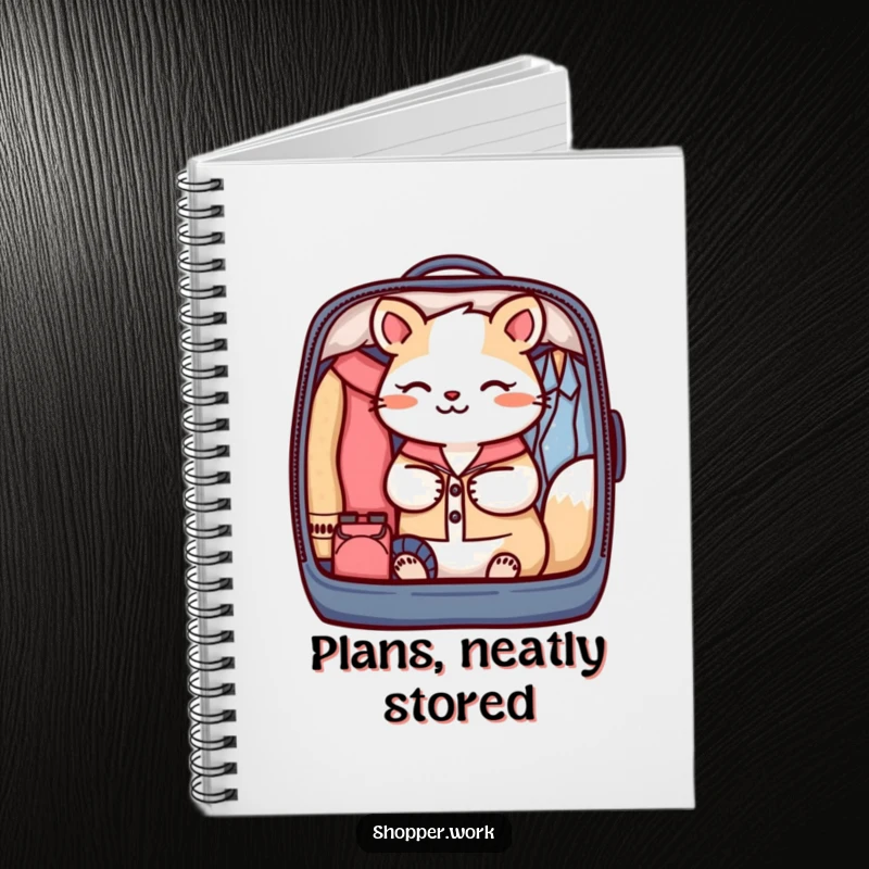 Funny notebook with a focused animal meticulously packing a garment bag with perfect organization, perfect for notes.