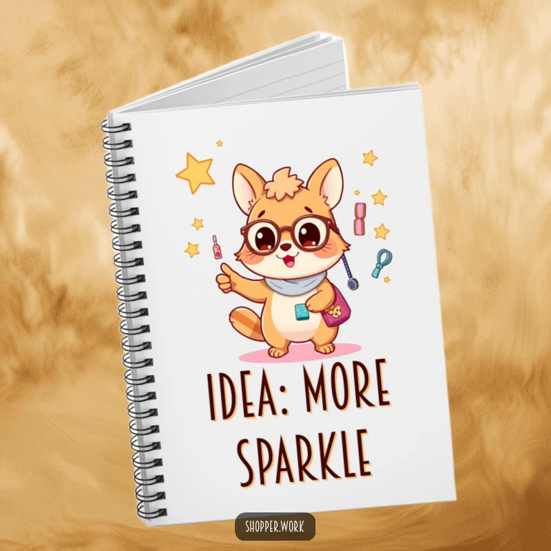Funny notebook with a busy animal excitedly pointing at a dazzling display of accessories, ideal for notes and planning.