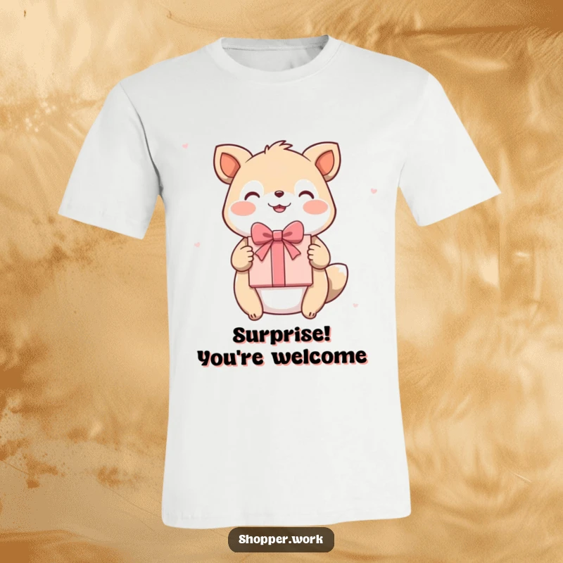 Funny t-shirt showing a happy animal joyfully presenting a beautifully wrapped gift with a flourish, embodying generosity.