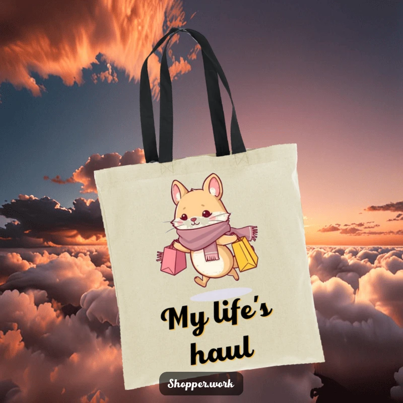 Funny tote bag showcasing a small, whiskered animal in a stylish scarf, dashing energetically with shopping bags, a fashion statement.