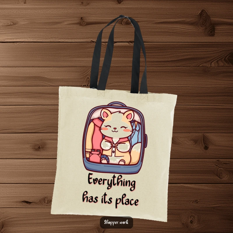Funny tote bag showing a focused animal meticulously packing a garment bag with excellent organization, highlighting neatness.