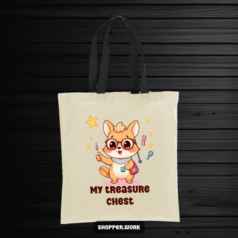 Funny tote bag featuring a busy animal excitedly pointing towards a dazzling, eye-catching display brimming with lovely accessories.